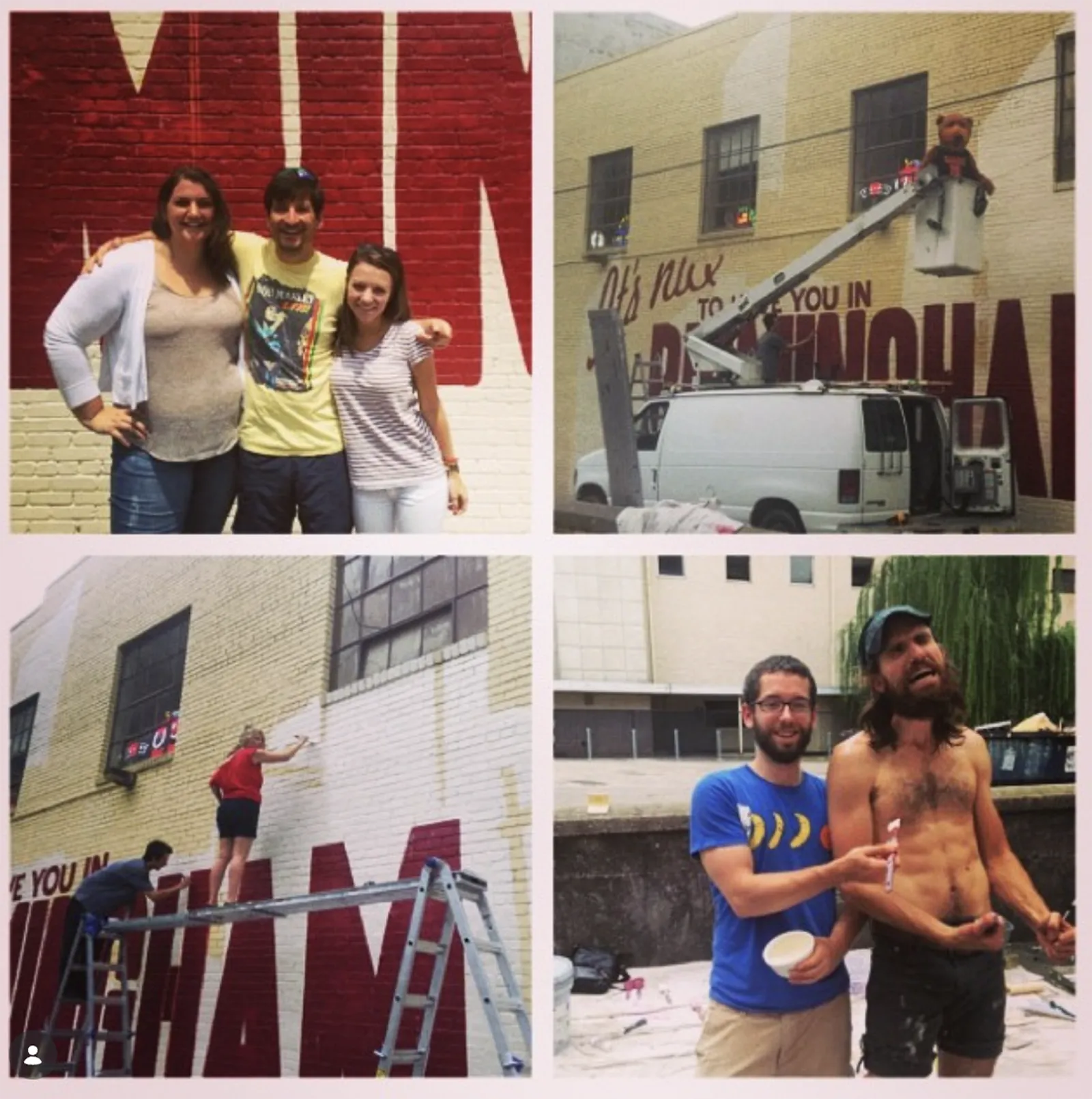 Various shots of the mural painting process - wall sign / mural - Downtown Birmingham AL